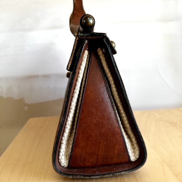 Vintage John Romain The Vouge Handbag 70s Sturdy Leather Tweed Brown Cream - Picture 3 of 7